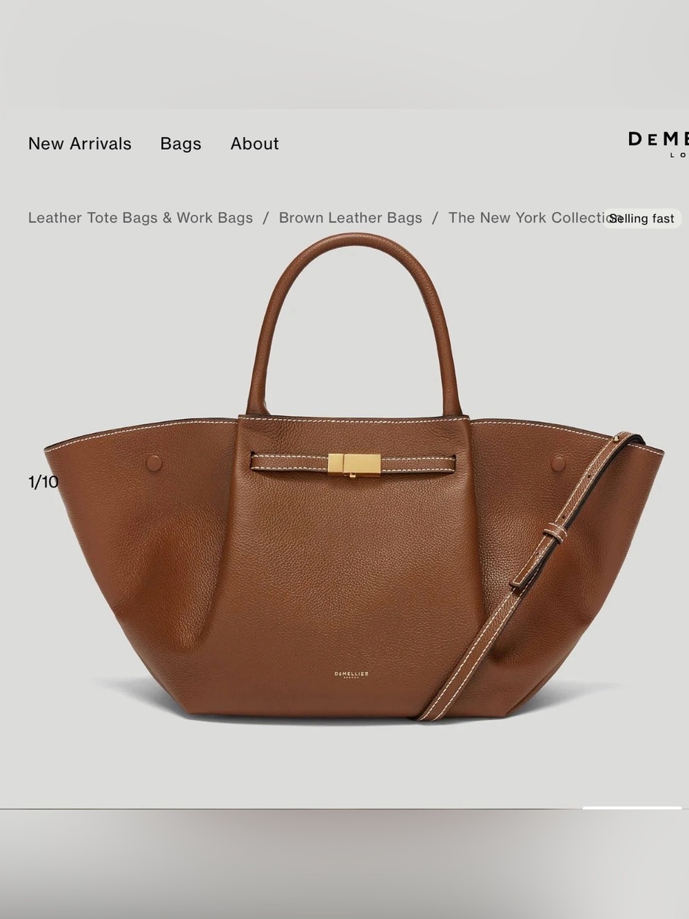 DeMellier The Midi New York Brown Pebbled Leather Tote with Gold Hardware.